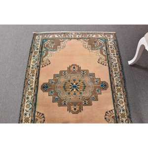 3.4x4.9 ft Vintage Turkish Rug, Accent Rug, <b>Brown</b> Blue Striped <b>Wool</b> Rug - Product Image 4