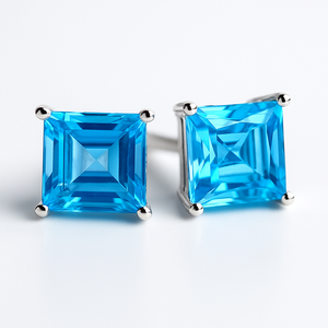Pendientes de Plata de Ley 925 de Alta Calidad con Baño de Rodio, Corte Princesa, Clásicos, para Topacio Azul de 6 mm, Elegantes, para Boda - Product Image 1