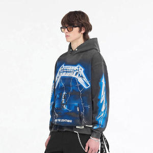 OEM Custom Acid Wash Hoodie Men Screen Print logo Heavyweight French Terry Fleece Vintage Distressed Lightning bolt Hoodie - Product Image 5