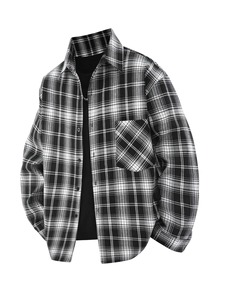 Crown Gate International <b>Men's</b> Black <b>White</b> Solid Flannel <b>Shirt</b> <b>Long</b> <b>Sleeve</b> Casual V-neck Summer Wear 100% Polyester Front Logo - Product Image 2