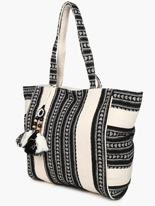 Sac fourre-tout bohème en toile écologique à panneaux avec fermeture éclair, broderies et pompons pour femme, idéal pour la plage et le shopping - Product Image 5