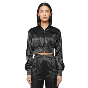 Chándal de satén de 2 piezas para mujer, ropa informal de manga larga, Tops cortos, chaqueta y pantalones, conjunto deportivo, trajes de chándal de seda con logotipo personalizado - Product Image 1