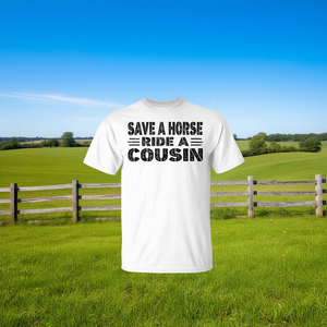 T-shirt sans manches avec citation « Sauvez un cheval, montez sur un cousin » pour usage promotionnel - Product Image 1