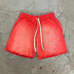 Men's Washed Red Rhinestone Star Graphic Sweat Shorts Vintage Distressed Drawstring Streetwear Shorts - Product Image 1