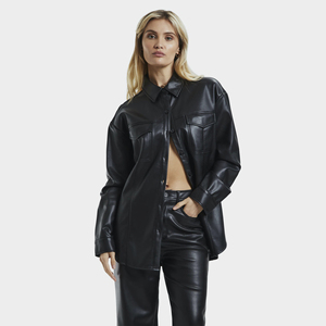 Camisa de Cuero con Botones para Mujer al por Mayor, Transpirable, Manga Larga, Estilo Vintage, Color Sólido de Alta Calidad, Ropa de Calle Moderna - Product Image 3