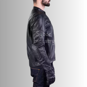 Chaqueta de moto de cuero auténtico negro para hombre con cierre de cremallera, chaqueta de moto de cuero con protección corporal certificada CE para motorista - Product Image 2