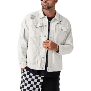 Veste en cuir à col montant en toile enduite de haute qualité, décontractée, à manches longues, grande taille, avec logo sur le devant, vintage, blanche pour homme - Product Image 1