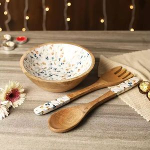 Cuencos de madera hechos a mano con cuchara y foak para utensilios de cocina Cuenco de madera multiusos Impresión a mano personalizada - Product Image 1