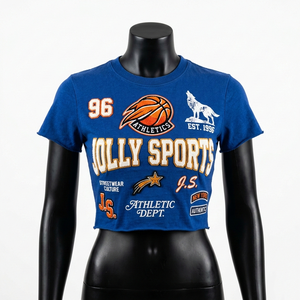 Camiseta Corta de Algodón Premium de 190 GSM para Mujer, Camiseta Corta con Parche Bordado en Chenilla, Color Azul Rey - Product Image 6