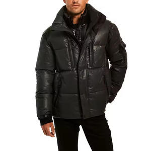 Doudoune en similicuir noir avec un design à double couche, style street wear de qualité supérieure, col montant, doudoune chaude - Product Image 5