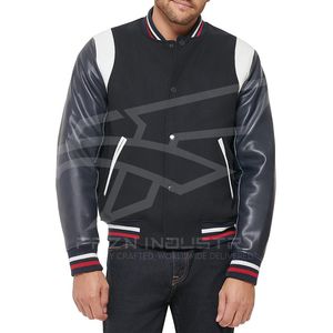 Veste universitaire à logo personnalisé pour hommes, col montant, manches en cuir, broderie, automne, noir, vestes de baseball Letterman pour hommes - Product Image 1