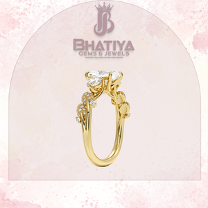 Anillo de compromiso de tres piedras radiante, banda de vid de oro amarillo, anillo de acento de diamante Floral, joyería fina de moissanita cultivada en laboratorio - Product Image 2