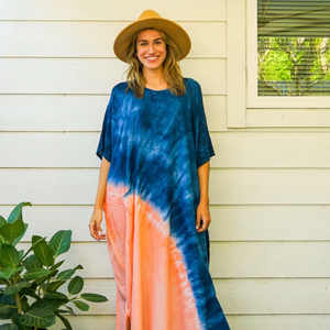 Robe Kaftan Longueur Genou Imprimé Tie-Dye Noir en Coton Doux Respirant pour Femme – Idéale Été, Formelle ou Décontractée, Coupe Ample, ODM - Product Image 1