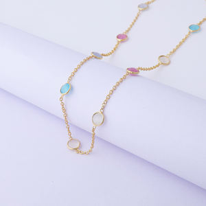 Délicat coloré multi oeil de chat forme ronde double couche station chaîne bijoux plaqué or lunette réglage câble chaîne collier - Product Image 5