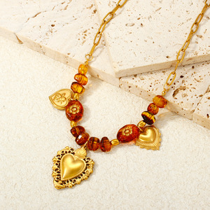 Collares con colgante de ámbar chapado en oro con dijes de corazón de flor de sol, cadena de aleación estilo bohemio para uso diario - Product Image 5