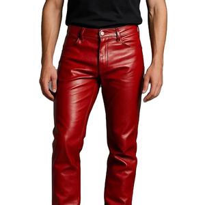 Pantalones de Cuero de Cordero Borgoña para Hombre, Pantalones de Cuero Rojo, Pantalones de Motociclista de Cuero de Cordero Genuino, Venta al por Mayor Personalizable - Product Image 1