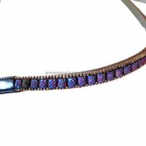 Banda de cejas de caballo de cuero negro hecha a mano personalizada, precio al por mayor, diseñada con 3 filas de cadena de cristales azules y transparentes, banda para cejas - Product Image 4