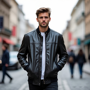 Vestes en cuir véritable pour hommes Manteau d'hiver à fermeture éclair en cuir de mouton uni à la mode Veste en cuir de vachette à col montant - Product Image 5