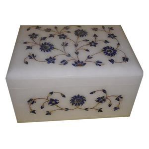 Boîte à bijoux en marbre blanc avec incrustation de pierre lapis-lazuli de style royal, boîte à accessoires - Product Image 1