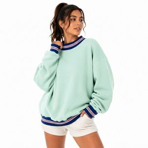 womens navy blue striped rib mock neck oversized sweatshirt long sleeve cozy fleece <b>pullover</b> <b>jumper</b> top - Product Image 4