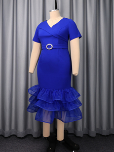 Robe de soirée bleue sirène à col en V, manches courtes, volants superposés pour femme ADR060242 - Product Image 5