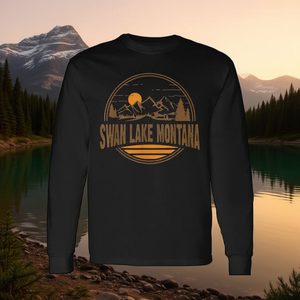 Camiseta promocional de manga larga con estampado de recuerdo de senderismo en el Lago Swan y las montañas de Montana, estilo vintage - Product Image 3