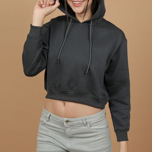 Sweat-shirts à capuche courts tendance pour femmes, coupe ajustée, manches longues, couleur unie, vêtements de sport, avec logo personnalisé, taille plus - Product Image 2