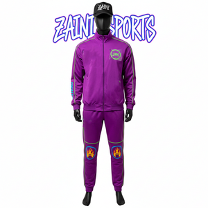 <b>Men</b> Tracksuit Premium 300 GSM Polyester Spandex Fabric <b>Purple</b> Green Panel Design Custom Heat Press Logo plus size Tracksuit - Product Image 1