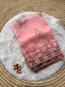 Sari de seda de Organza suave puro de diseñador con hermoso trabajo de bordado y borde de trabajo de secuencia para boda y fiesta - Product Image 4