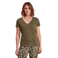 Kaos Wanita V-Neck Hijau Zaitun Vintage Kasual 100% Katun Lengan Setengah Off-Shoulder Polos Ramah Lingkungan Dry Fit Bordir