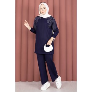 Conjunto de Dos Piezas Casual Azul Marino XXS, Túnica y Pantalones, Estilo Moderno con Adornos de Piedras en el Hombro - Product Image 3