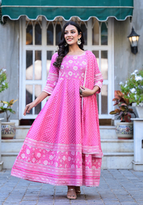 Vestido Largo de Algodón para Mujer, Estilo Anarkali, Cuello en V, Manga Corta, Estampado Floral, Corte en A, con Dupatta, para Fiestas o Uso Casual, OEM - Product Image 4