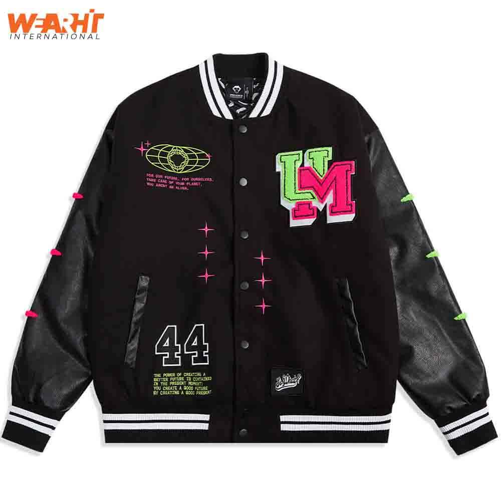WH Factory High Quality Men's Black Letterman Varsity Jacket Stand