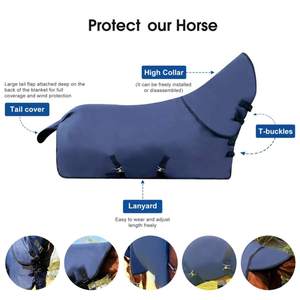 Couverture imperméable pour cheval, bleue, en tissu Oxford, col haut, rabat de queue moyen, toutes saisons, utilisation extérieure, rembourrage en polyester - Product Image 3