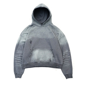 Vente en gros : Sweat à capuche zippé en molleton (coton/polyester) respirant et léger, style streetwear tendance et déchiré - Product Image 2