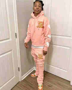 Fabricantes de logotipo personalizado 60 algodón 40 poliéster Rosa mujeres 3D Puff estampado pulóver Sudadera con capucha de gran tamaño y Joggers conjunto chándal - Product Image 1