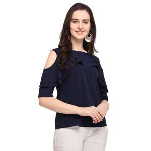 เสื้อแฟชั่นผู้หญิง Shoryam สีน้ำเงิน แบบเปิดไหล่ แต่งระบาย สไตล์ทางการแบบตะวันตก เสื้อยืดดีไซน์เนอร์ผ้าเครป แห้งเร็ว - Product Image 1