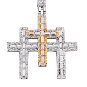 Collar con Colgante de Cruz de Moissanita con Corte Baguette en Dos Tonos, Plata 925, Chapado en Oro Rodio de 14K, Estilo Hip-hop, Religioso Cristiano - Product Image 1