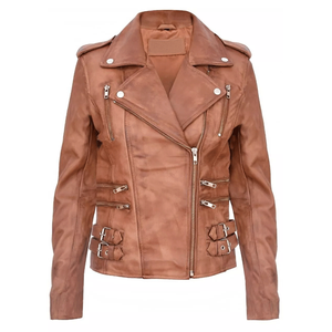 Señoras 100% Nappa Real Leather Biker Jacket Tan Soft Multi Zip Short Coat Chaqueta para mujer - Product Image 2