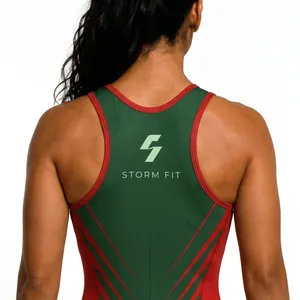 Combinaison de lutte pour femmes, ajustée, verte et rouge, imprimé par sublimation, respirante, extensible, à séchage rapide, anti-transpiration - Product Image 5