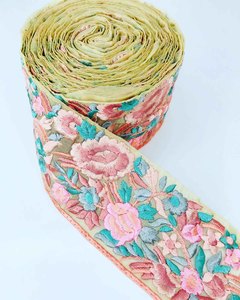 Elegant Pink Floral Embroidered Lace Trim Colorful Thread on Beige Base Traditional Lehenga Saree Blouse Dupatta Crafts Dress - Product Image 1