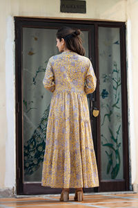 100% algodón ropa India bloque de mano estampado acampanado manga larga Midi escalonado Pastel Floral volantes largo Floral suelto lavable - Product Image 3