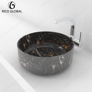 Lavabo Ovalado de Mármol Natural de Lujo para Baño con Impresionantes Vetas, Grifo Moderno de Pared para Baños de Hotel - Product Image 3