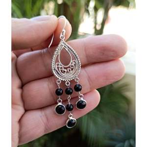 Handmade 925 Sterling <b>Silver</b> Dangle Drop <b>Earrings</b> Black Onyx Gemstone Vintage Style Water Drop Pattern Hypoallergenic - Product Image 5