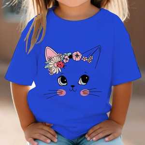 Camiseta de algodón 100% para niños de manga corta OEM personalizado cuello redondo estampado de gato transpirable Jersey estilo Casual - Product Image 3
