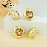 Anting-anting berlian imitasi berlapis emas 14K anti-korosi, cantik, unik, batu cokelat besar, modis untuk wanita