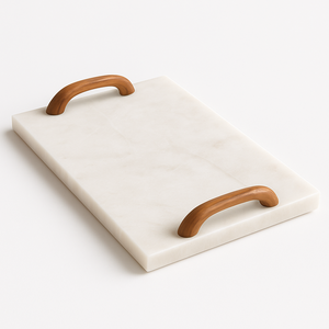 Plateau de service en marbre blanc avec poignées artistiques en métal blanc Plateau décoratif rectangulaire moderne Cuisine Table basse à manger - Product Image 2