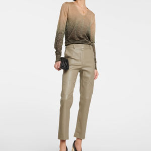 Pantalones Rectos de Cintura Alta de Cuero Puro y Lona para Mujer, Estilo Vintage, Impermeables, para Invierno, Venta al Por Mayor - Product Image 2