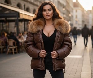 Veste en cuir matelassée à carreaux pour femmes avec col en fourrure de renard et fermeture éclair, coupe-vent d'hiver, streetwear - Product Image 3