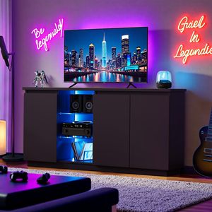 Mobile TV Moderno Nero Opaco con LED, Centro Intrattenimento Multifunzione, Credenza Buffet con Ripiani in Vetro - Product Image 3